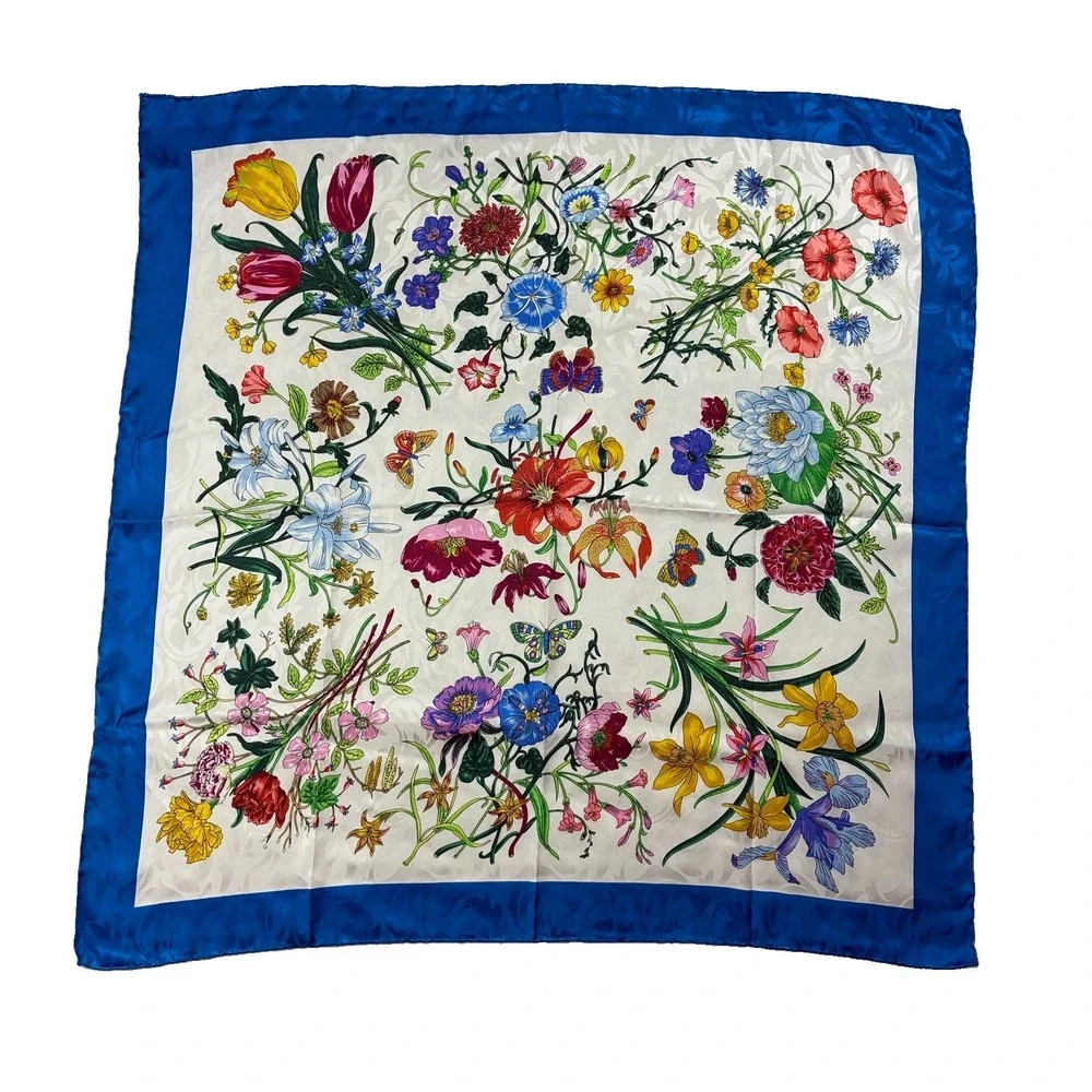 Floral Botanical 100% Silk Large Square Scarf Royal Blue Rolled Hem34